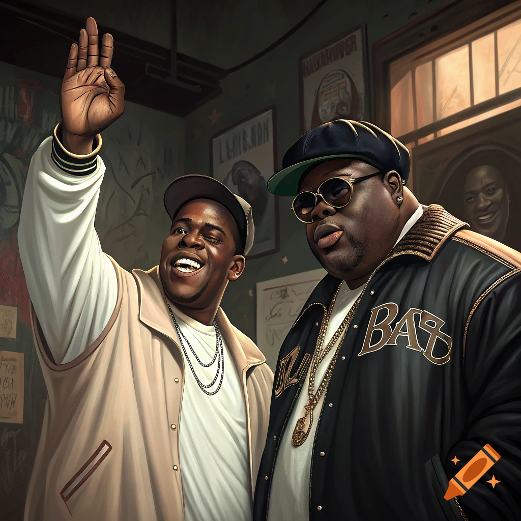 Two men in 90s hip-hop style clothing, one raising a hand in a gesture.