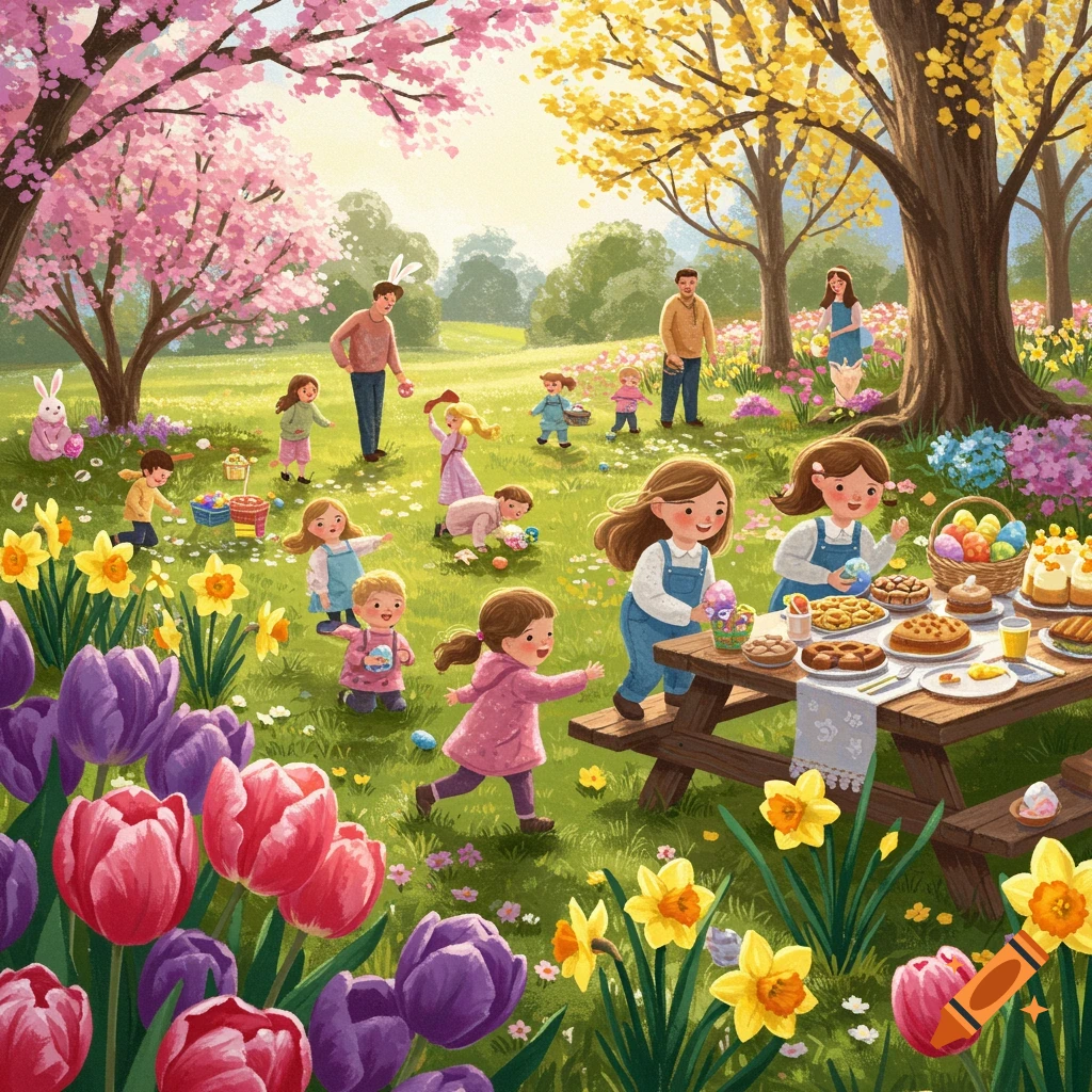 Illustration of a family having an Easter egg hunt and picnic in a park with spring flowers and cherry blossoms.