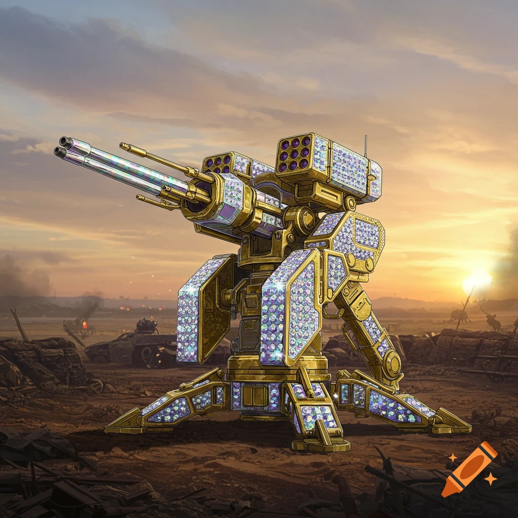 A diamond and gold sentry gun stands in a rocky, destroyed battlefield at sunset.