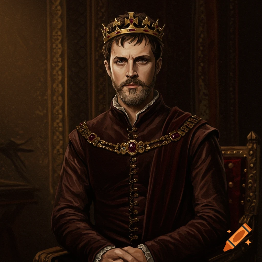 Portrait of a regal man in a crown and dark red robes, in a historical painting style.