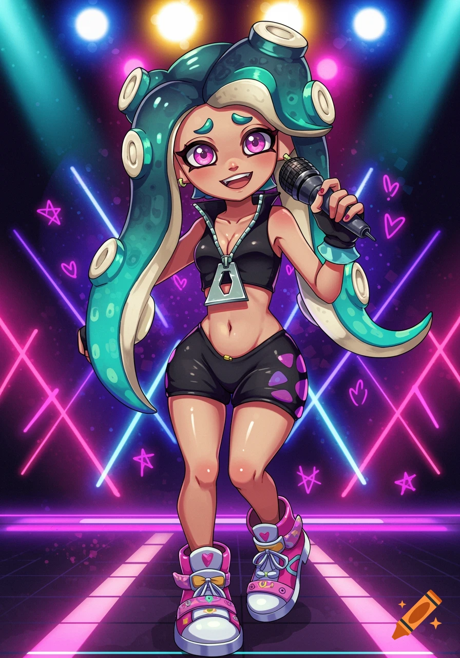 An anime character from Splatoon, Marina, sings on stage with neon lights.