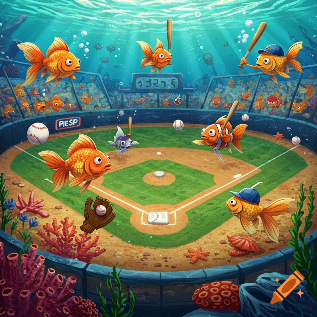 Cartoon fish play baseball in an underwater stadium.