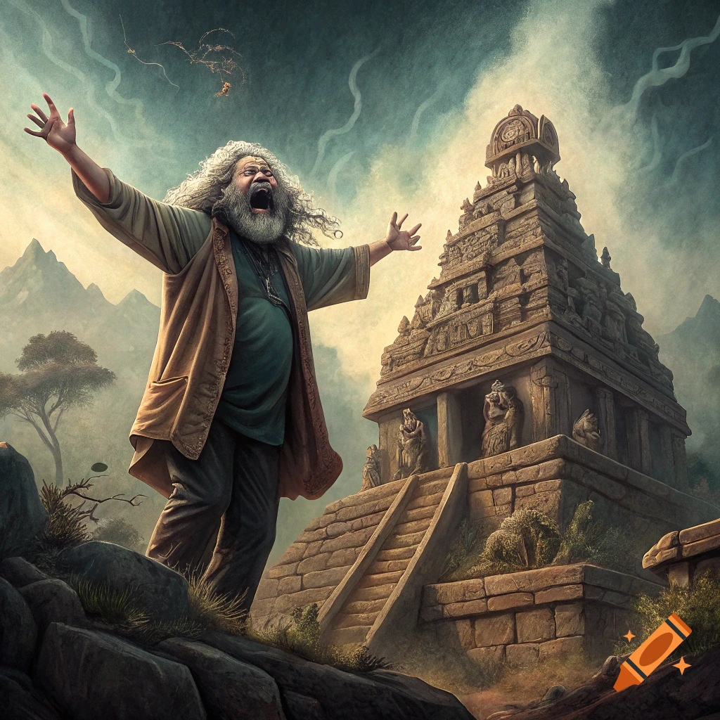 A man with long hair and beard screams with arms raised before an ancient stone temple with mountains and a dramatic sky in the background, in an epic illustration style.