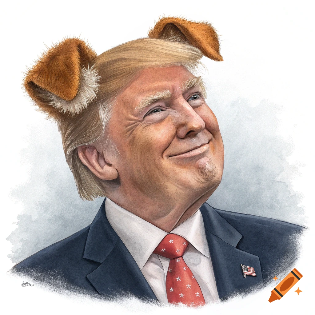 Illustration of a smiling President Trump wearing dog ears.