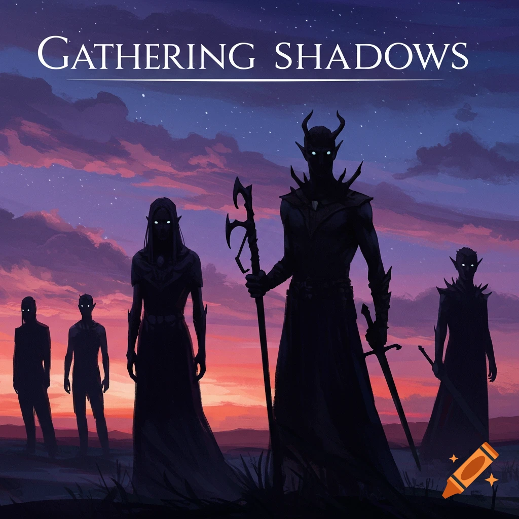 Silhouettes of shadowy figures with glowing eyes stand against a twilight sky with stars. Dark fantasy art.