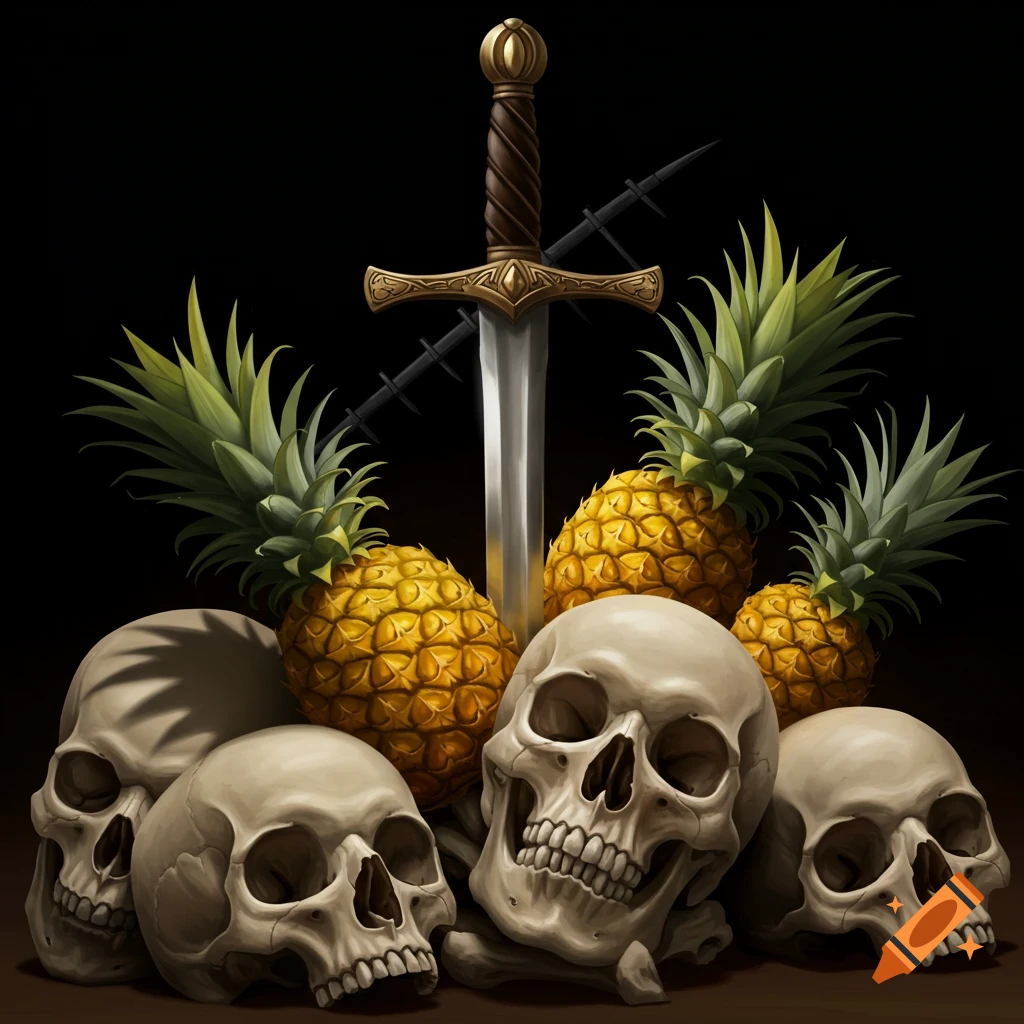 Still life of human skulls piled around pineapples and a sword.