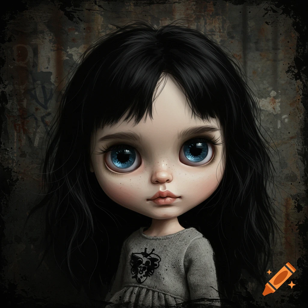 Grunge portrait of a doll with black hair and large blue eyes