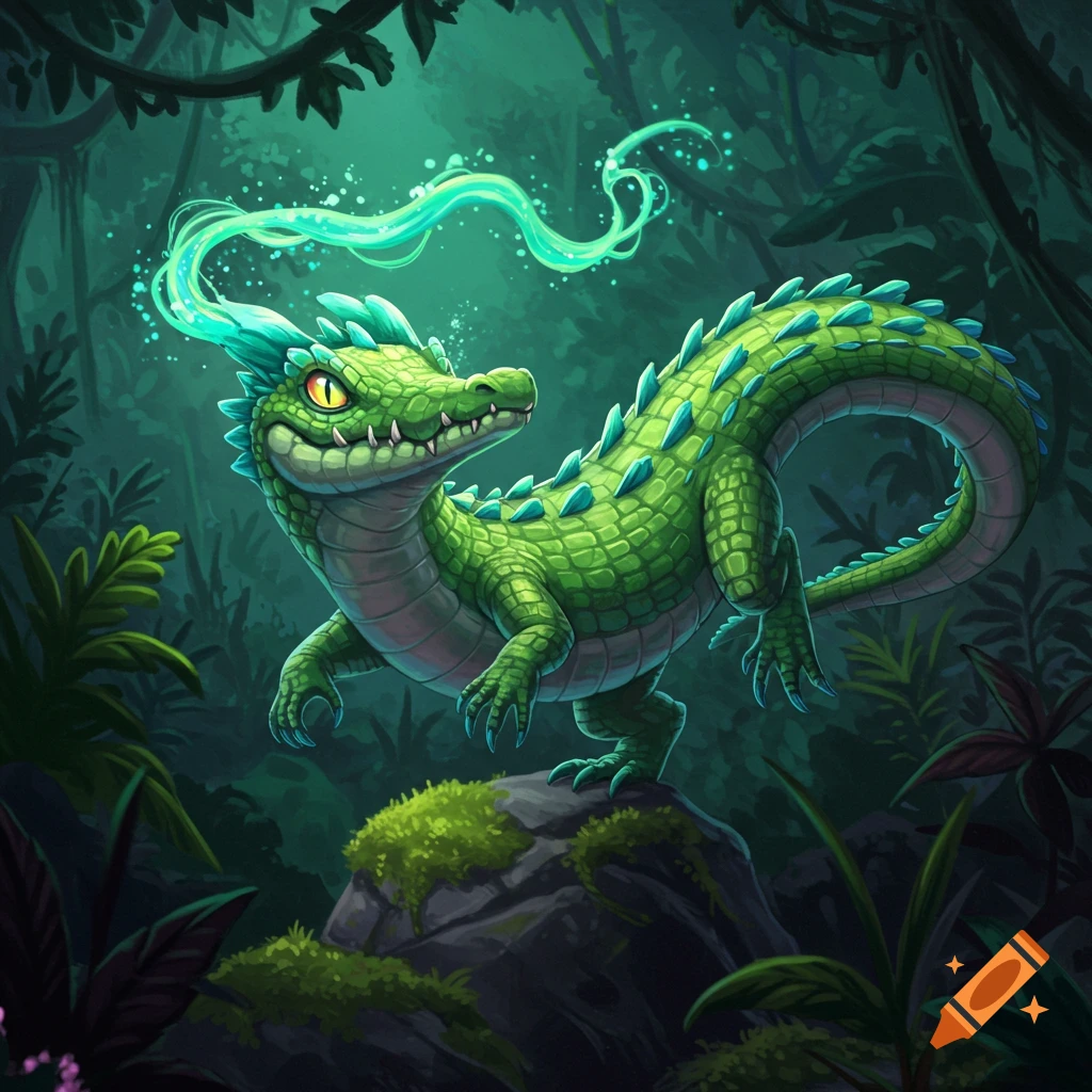 A cartoonish green dragon-like alligator stands on a mossy rock in a dark jungle with glowing energy above its head.