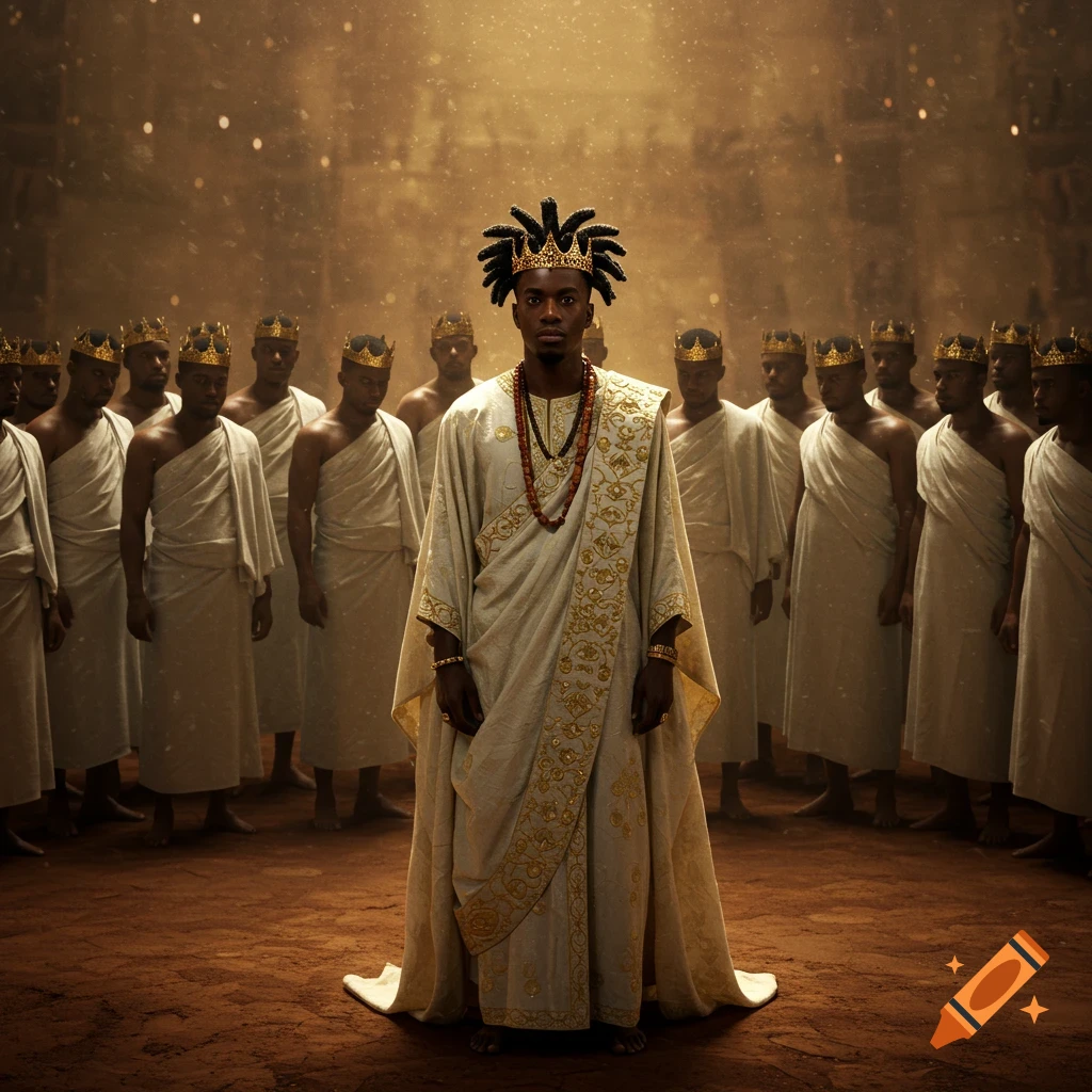 A black man in ornate robes and crown stands before a crowd of robed men wearing crowns in a dusty chamber.