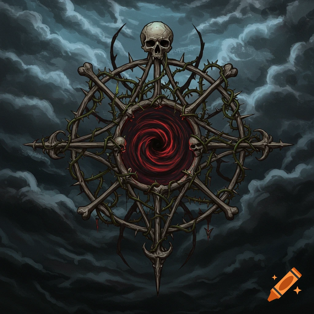 Dark fantasy illustration of a symbol made of bones and thorns with skulls and a red swirling portal against a cloudy sky.