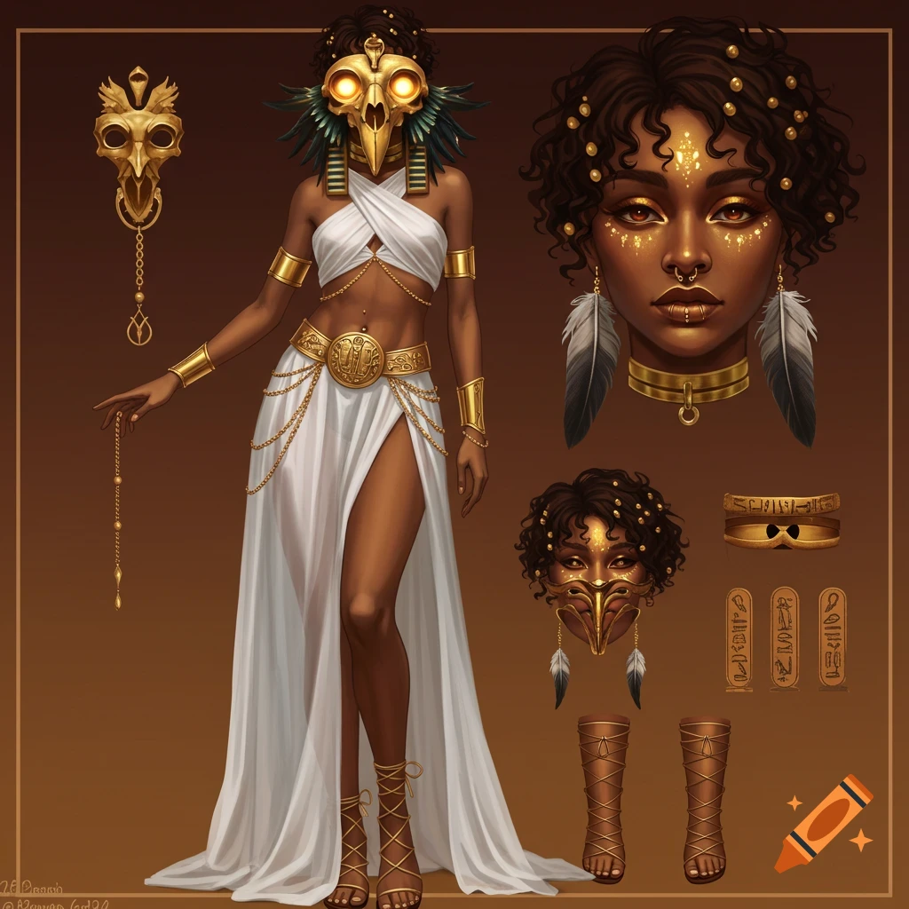 Full body illustration of a woman in an Egyptian-inspired white and gold fantasy outfit with a bird skull mask.