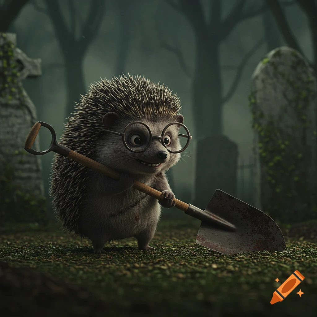 Chibi hedgehog with glasses holds a shovel in a dark graveyard.
