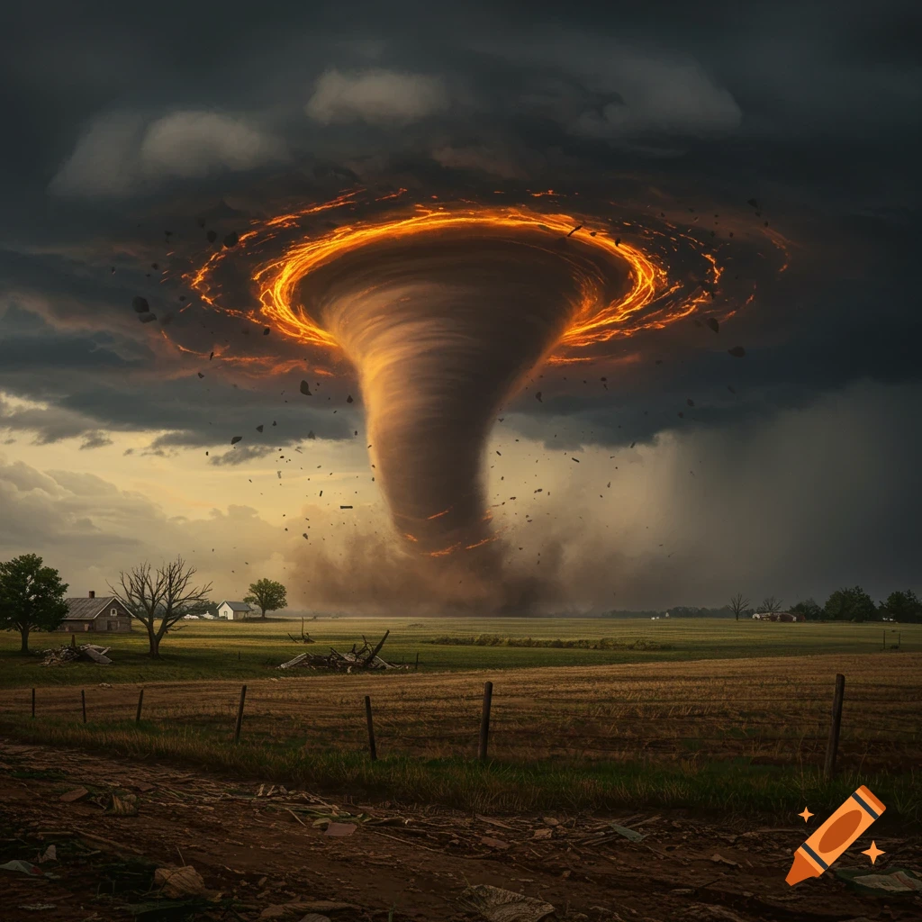 A large tornado with a ring of fire at the top tears through a rural landscape under dark storm clouds.