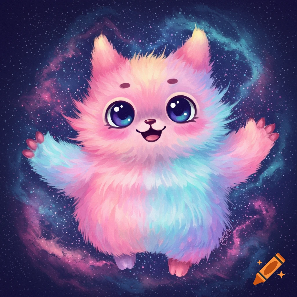 A cute, fluffy pink and blue creature with big eyes floating in space.