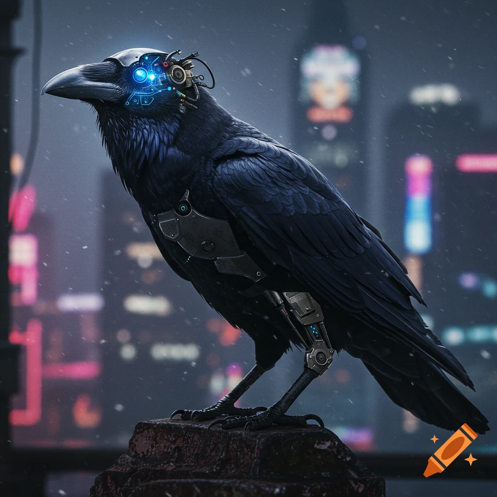 Photorealistic cyborg raven standing in a rainy cyberpunk city.