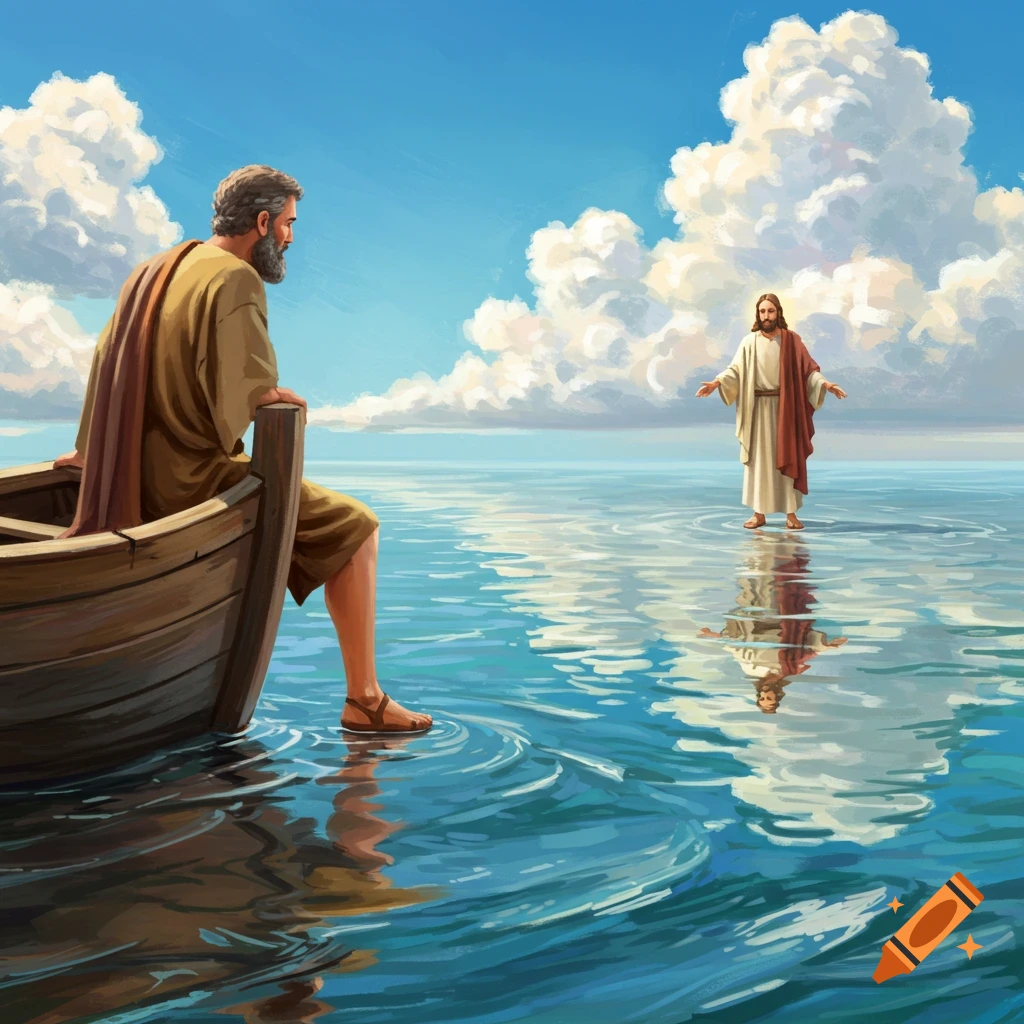 Jesus walks on water as Peter sits in a boat watching him, against a backdrop of clouds and blue sky.