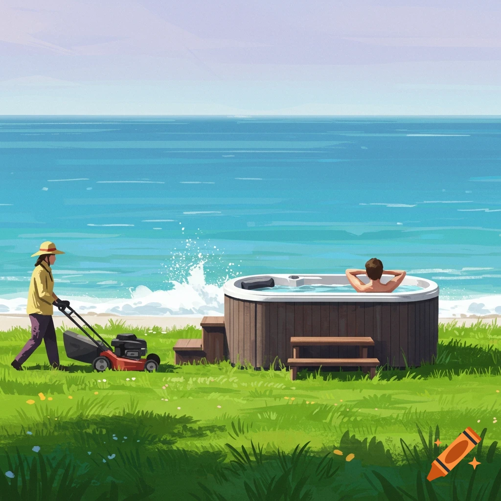 Illustration of a person mowing grass on a beach while another person relaxes in a hot tub by the ocean.