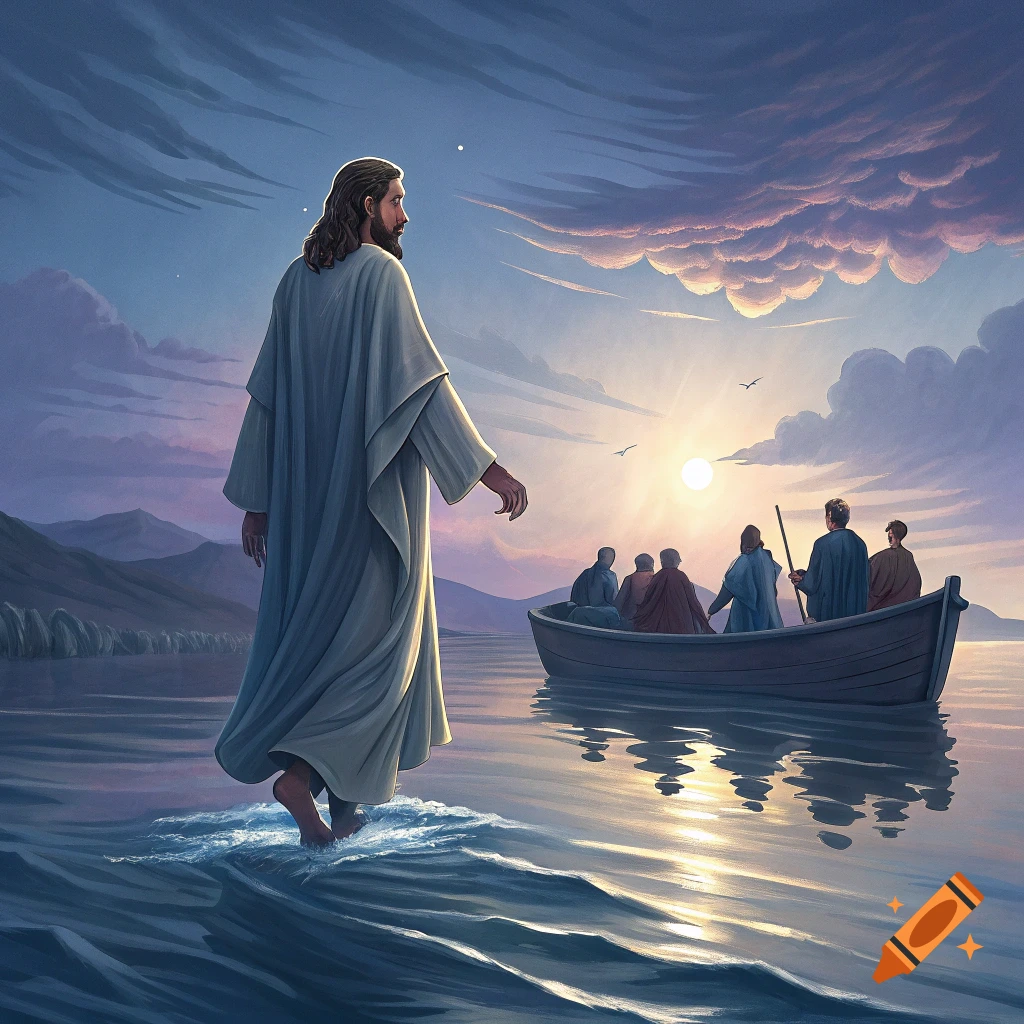 Jesus walks on water towards a boat with disciples at sunset, painting style.