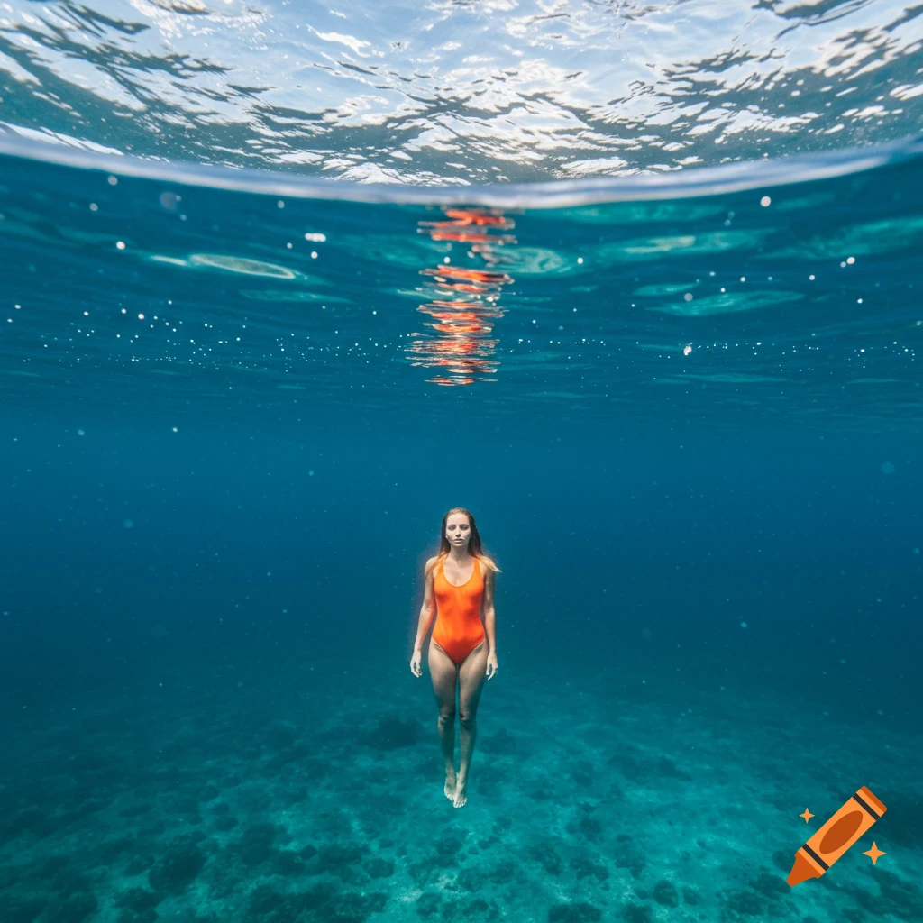 A woman in an orange swimsuit stands underwater in a clear ocean.