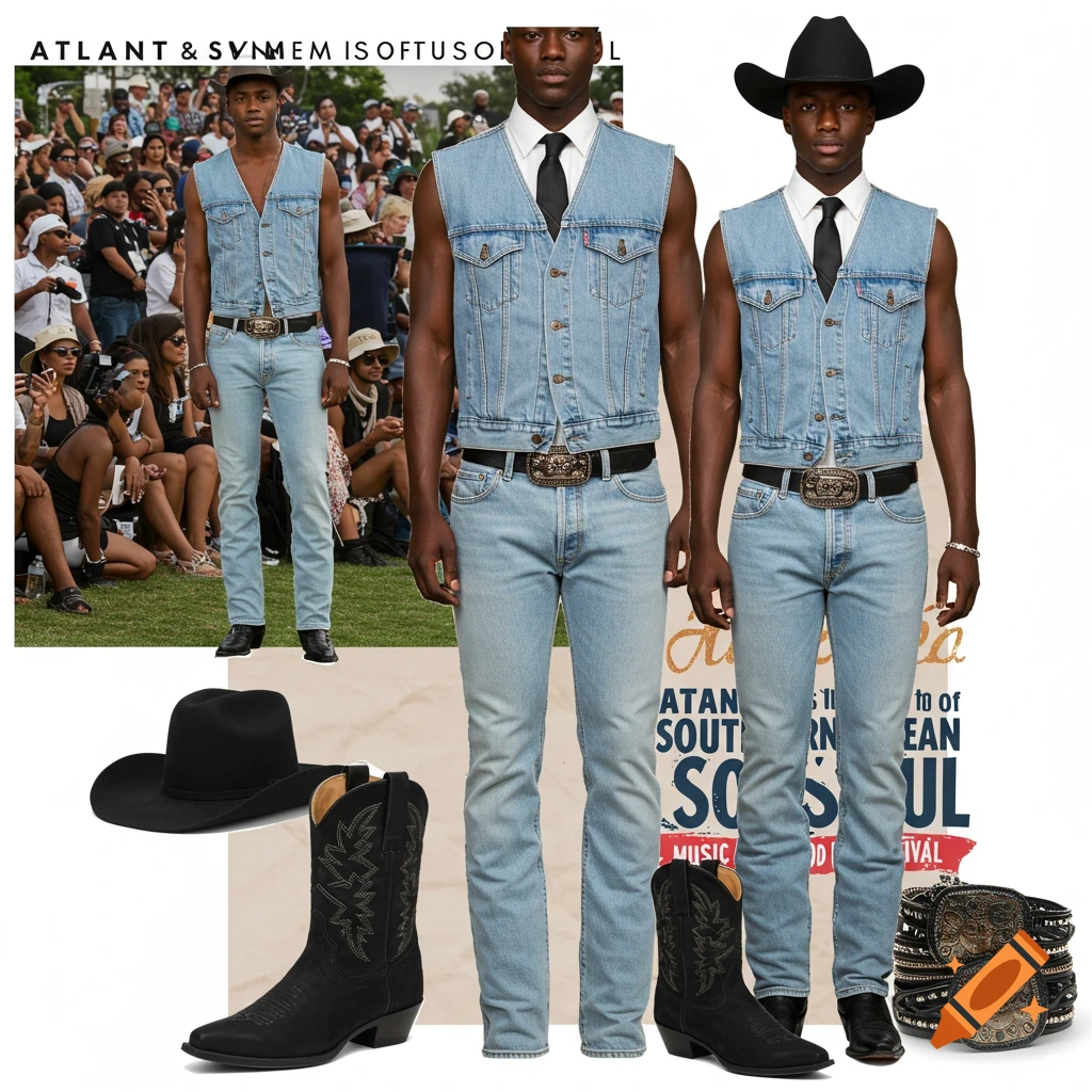 A black man in a denim vest, jeans, tie, cowboy hat, belt, and boots. Photorealistic.
