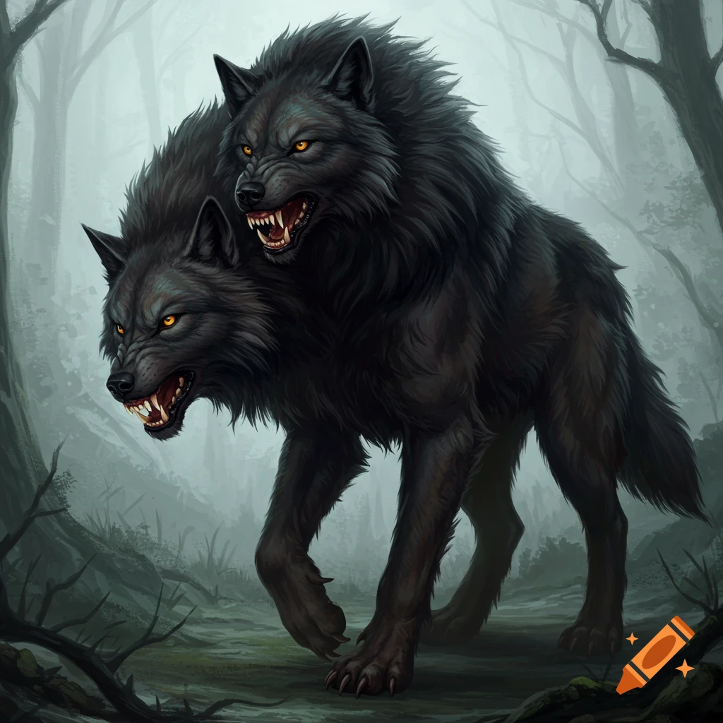 A large two-headed black wolf with sharp teeth and glowing orange eyes stands in a misty forest.