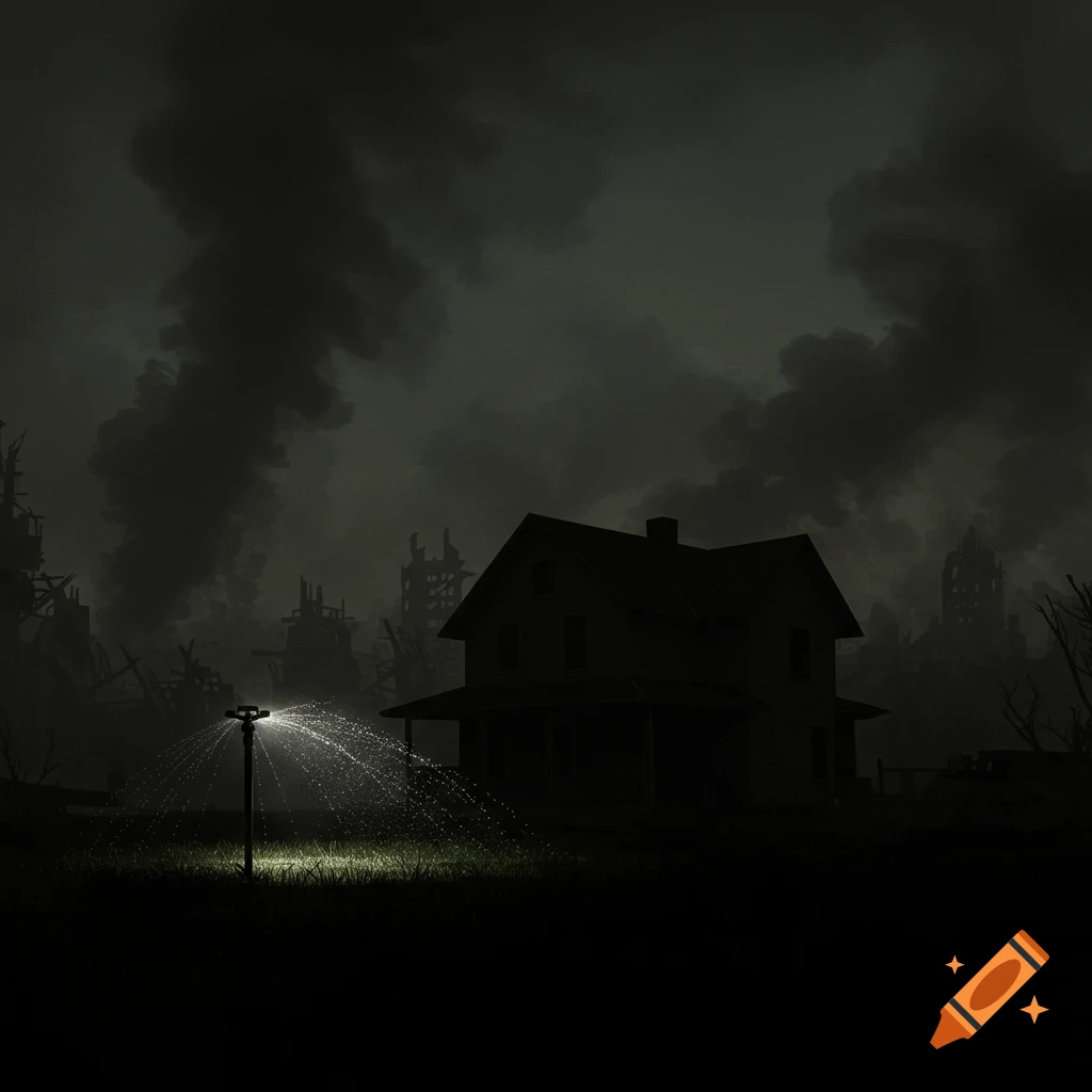 Stylized image of a house and sprinkler foregrounded against a dark, smoky, ruined cityscape.