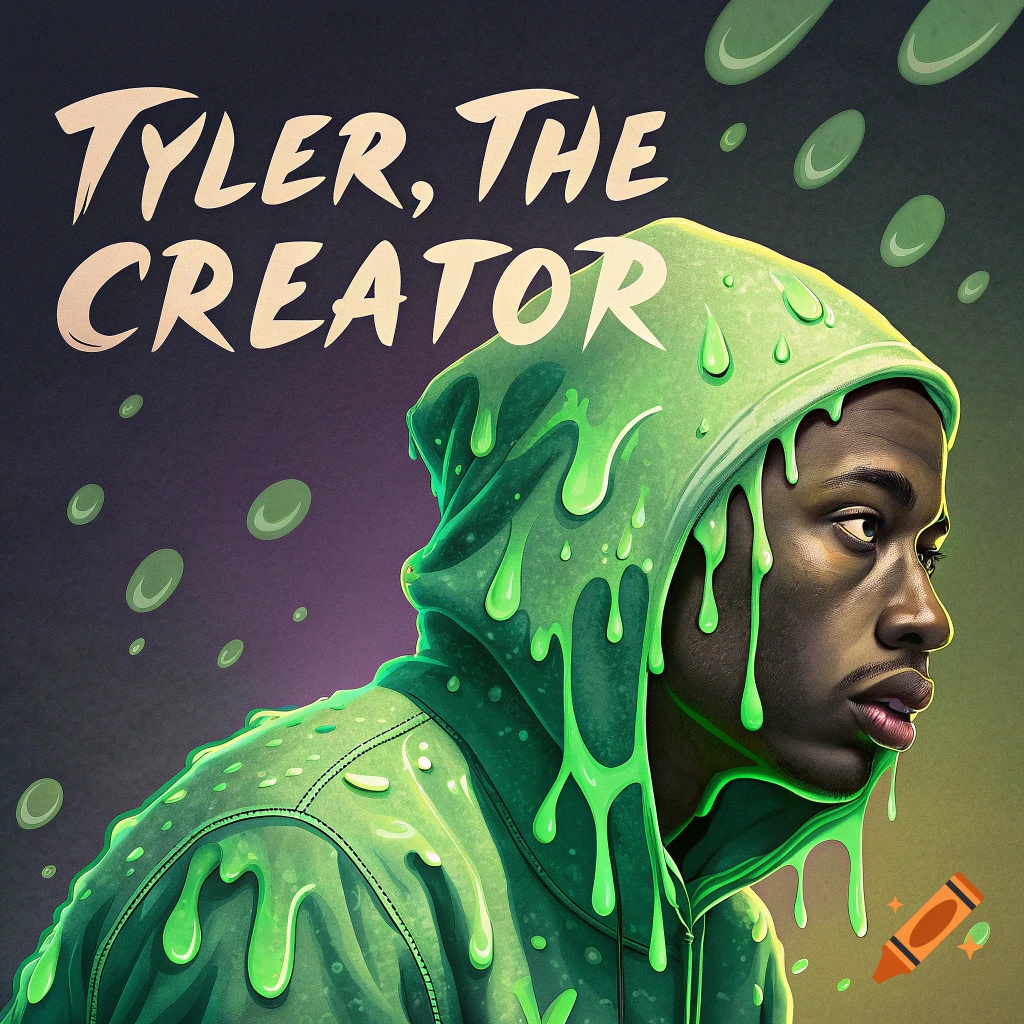 Stylized portrait of a person in a green hoodie covered in slime, with the text 'TYLER, THE CREATOR' above.
