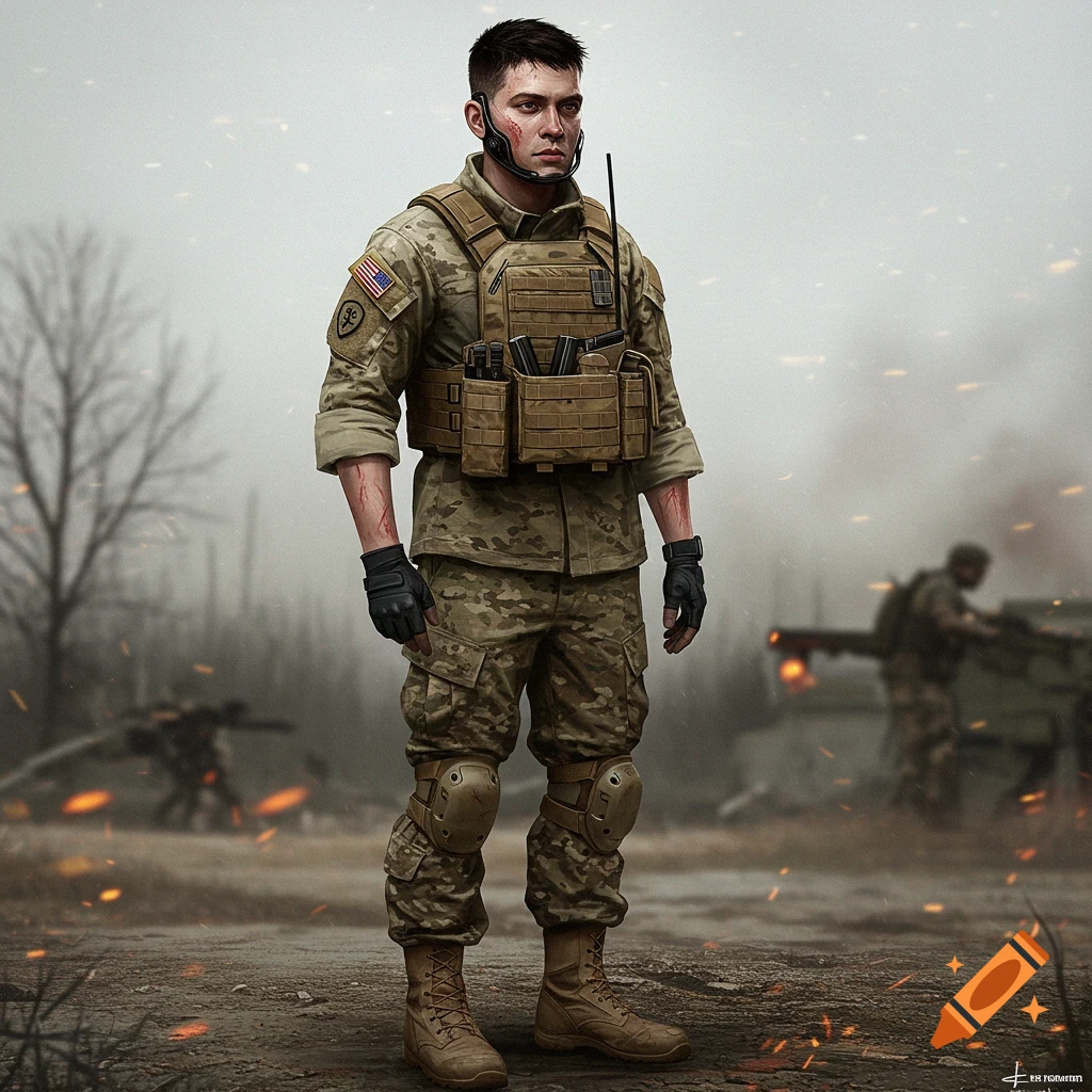 Soldier in camouflage and tactical gear with face injuries in a warzone