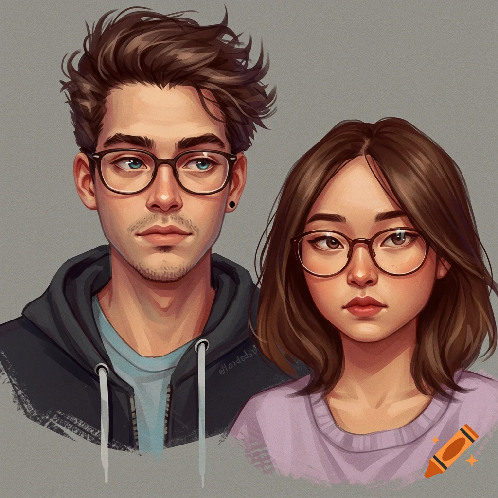 Stylized portrait of a young man and woman wearing glasses.