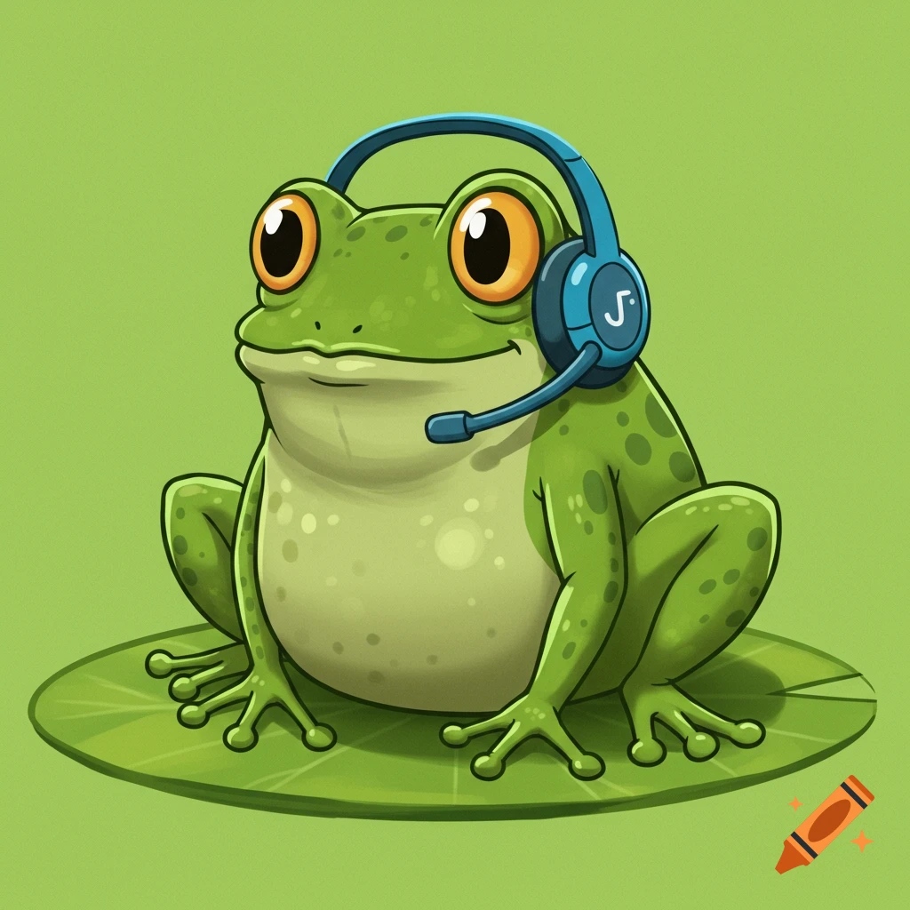 Cartoon frog wearing a blue headset and sitting on a lily pad