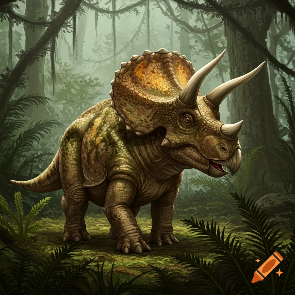 A triceratops stands in a lush jungle.