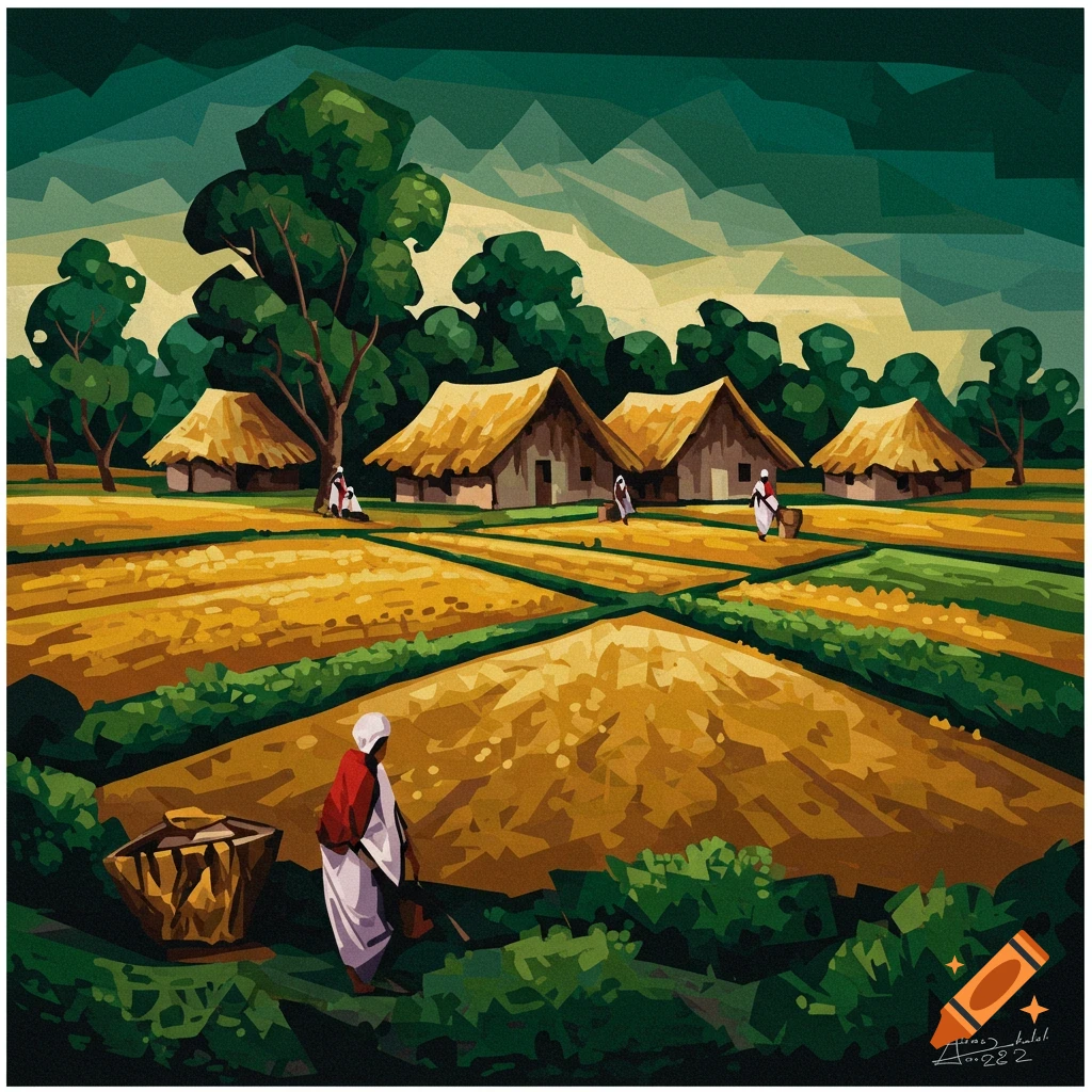 A Picasso-style painting of a rural Punjab landscape with houses, fields, and people.