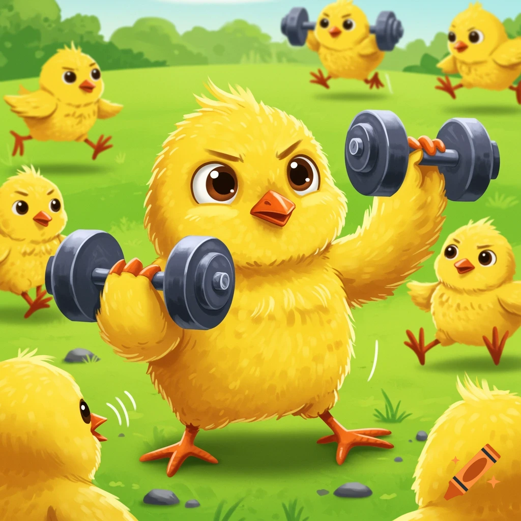A large cartoon chick lifts weights while other chicks run and watch in a field.
