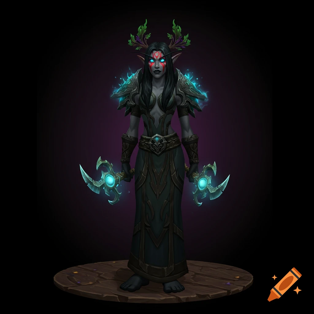 A World of Warcraft night elf druid character with dark skin, red face markings, and leaves in her dark hair, holding glowing weapons.