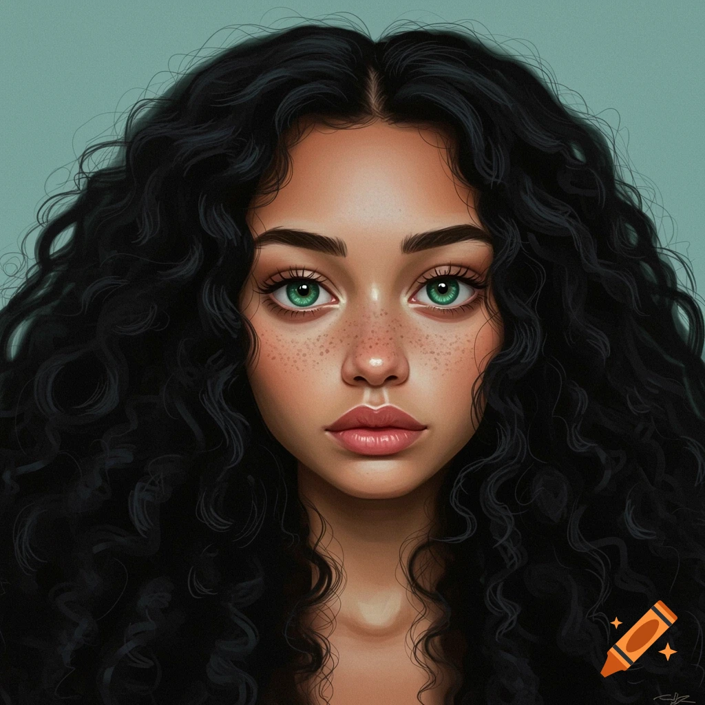 Stylized portrait of a woman with long black curly hair, green eyes, and freckles.