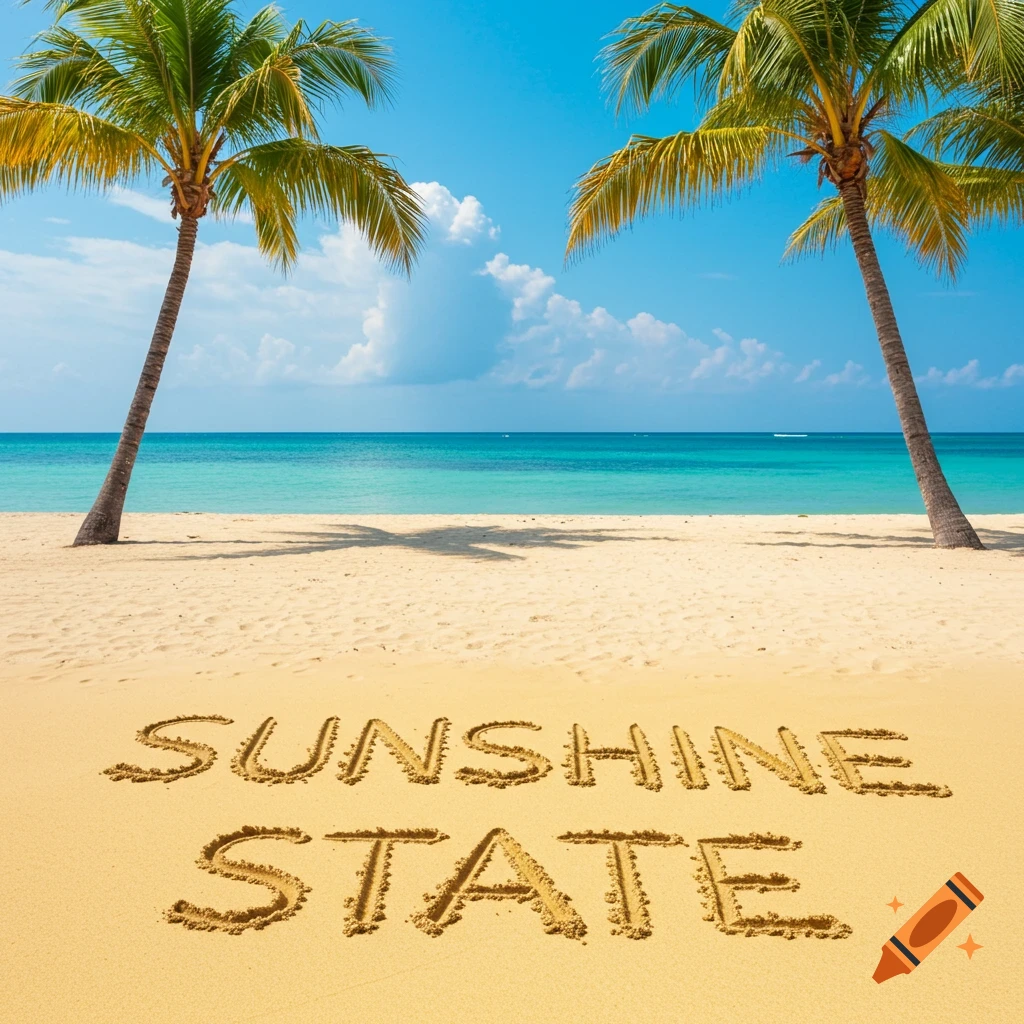 Photorealistic image of 'Sunshine State' written in sand on a tropical beach with palm trees and clear water.