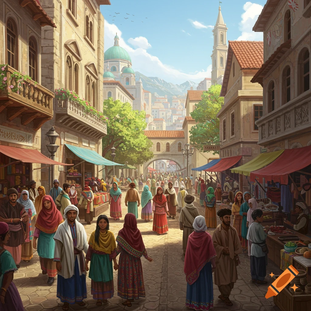 A busy, historical market street scene with many people browsing stalls under awnings in a sunlit town square, illustration style.