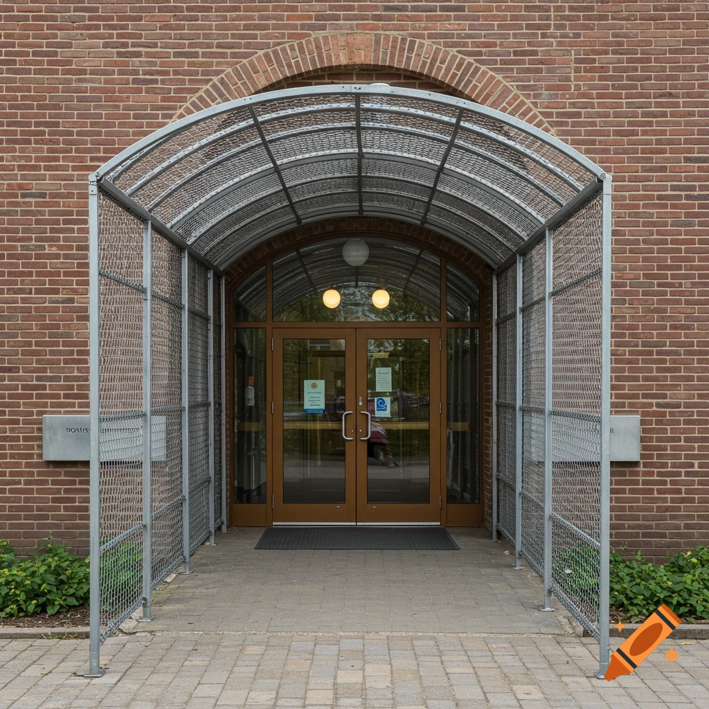 A brick building entrance with a metal mesh cover over the walkway leading to double glass doors. Photorealistic.