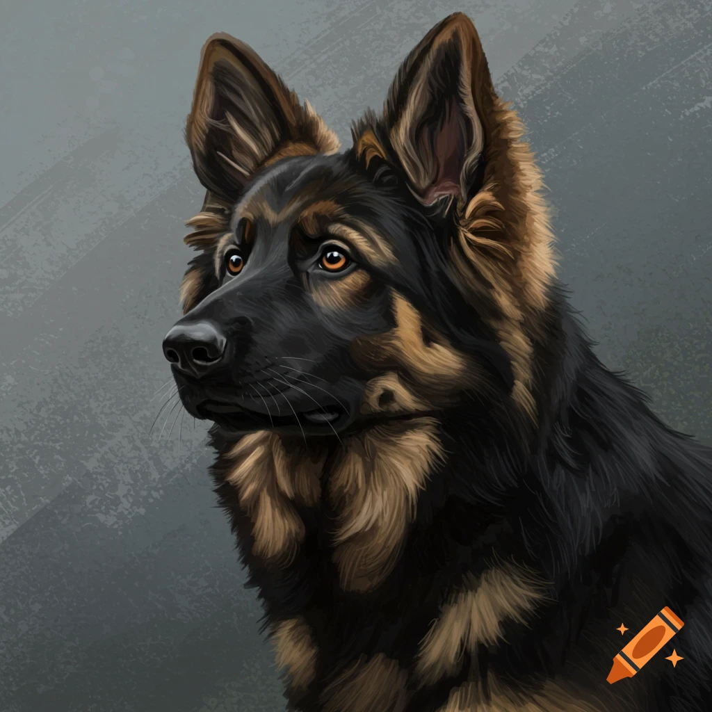 Digital art portrait of a German Shepherd dog looking left