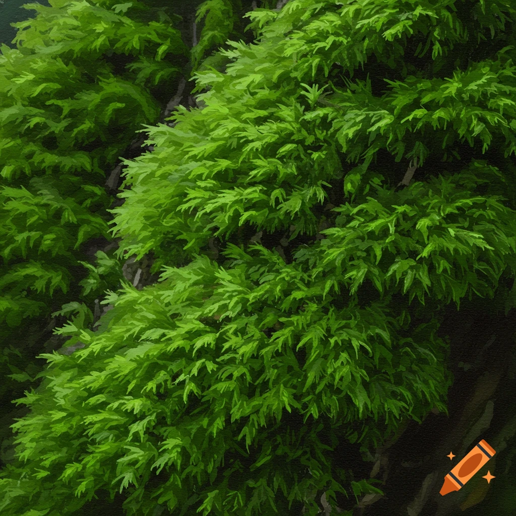 A close-up view of lush green moss in an oil painting style.