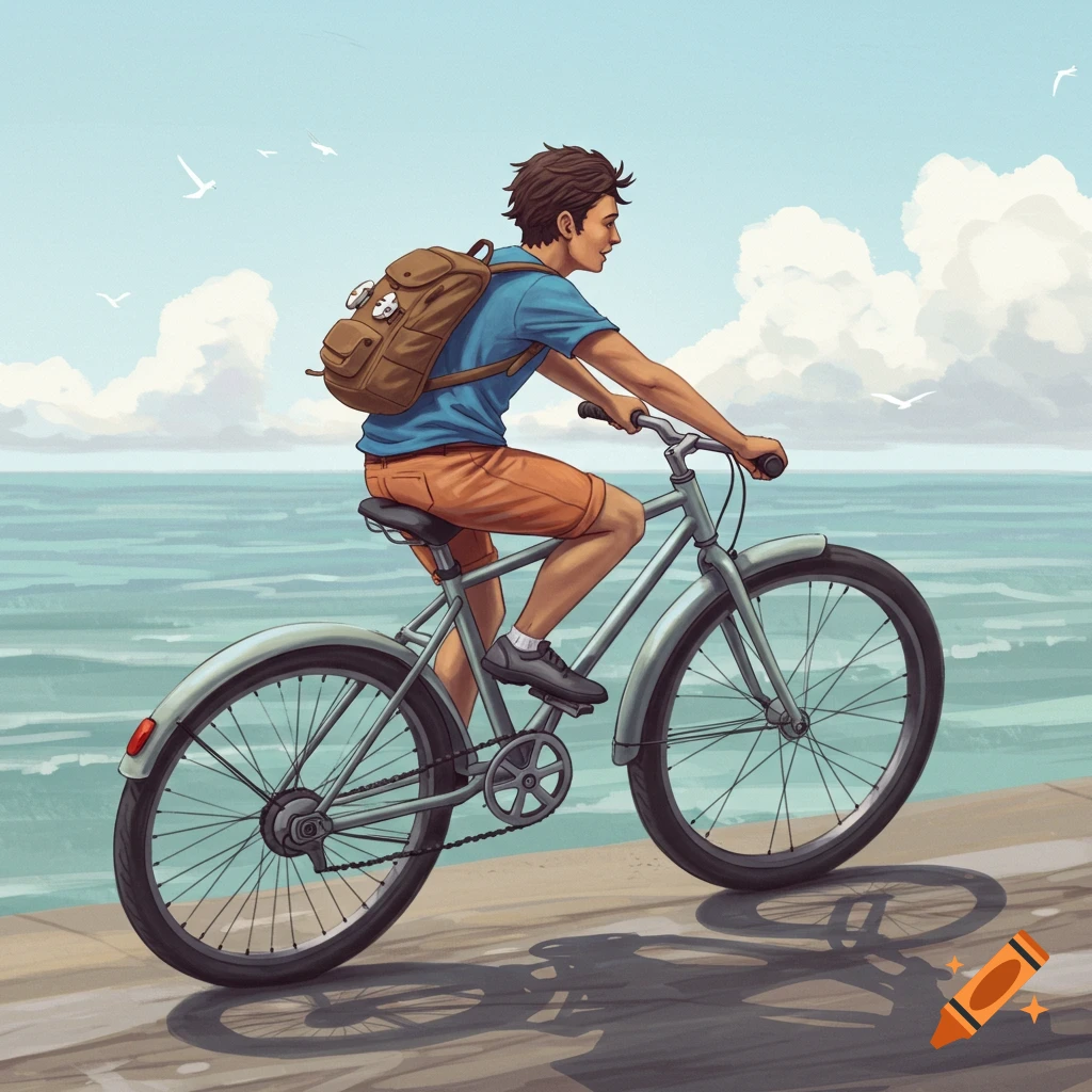 Illustration of a person riding a bicycle along a path by the sea with seagulls overhead.