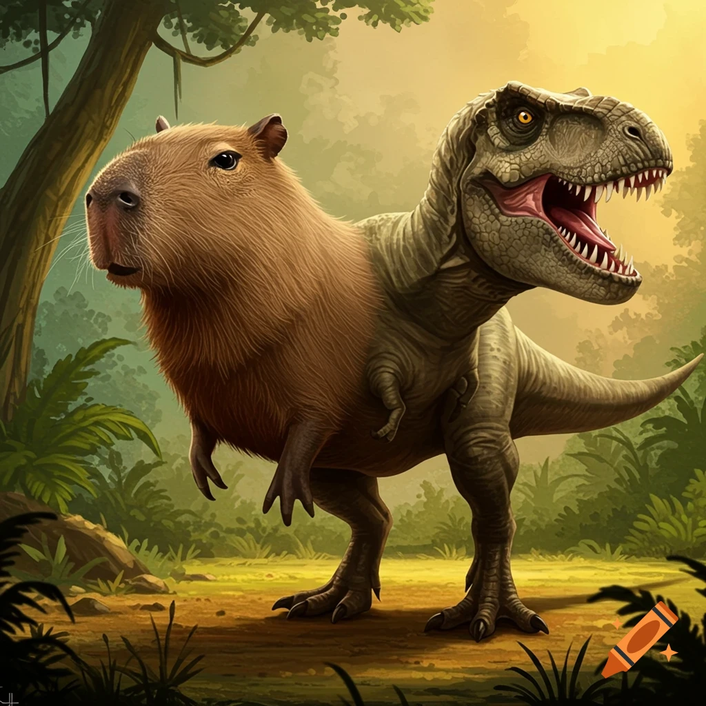 A hybrid creature with a capybara head and T-Rex body stands in a lush jungle clearing, illustration.