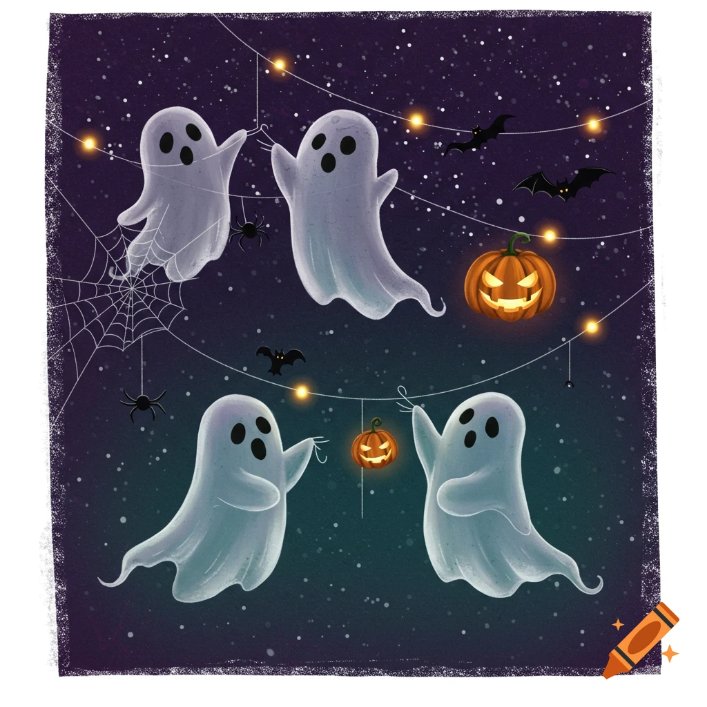 Cartoon ghosts hanging Halloween decor with pumpkins, bats, and spiders under string lights at night.