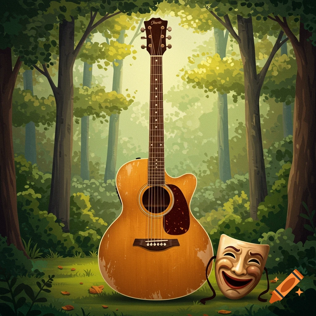 Illustration of a guitar and a comedy mask in a forest.