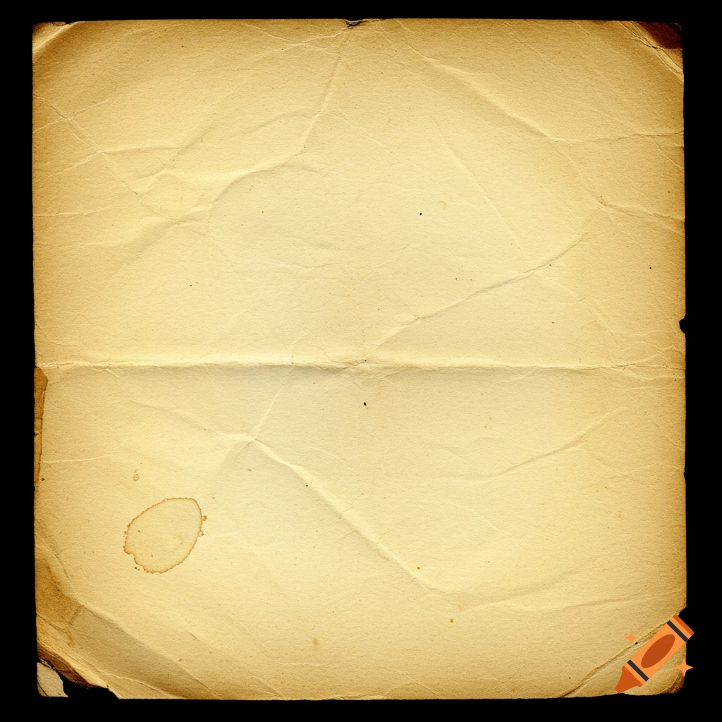 An aged, wrinkled piece of paper with stains and torn edges on a black background.