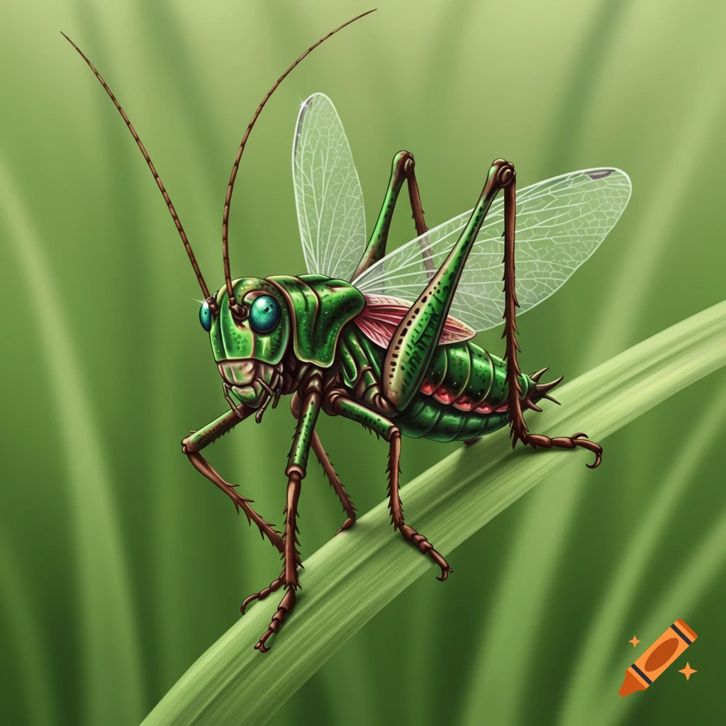 A vibrant green and brown cricket illustration perches on a blade of grass.