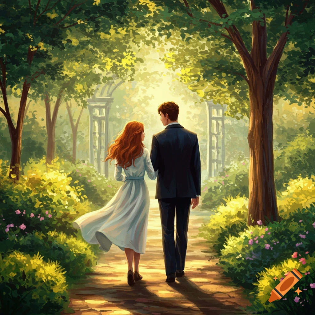 Couple walks down a sunlit path in a lush park, painted style.