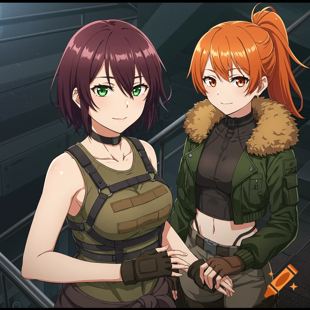 Two anime girls in tactical gear holding hands on a staircase