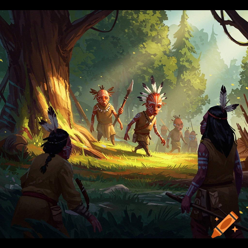 A group of tribal figures with face paint and feathers stand in a sunlit forest clearing.