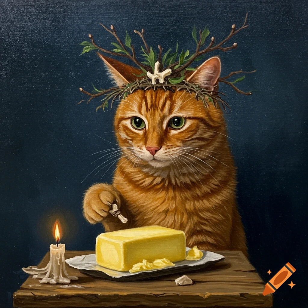 Oil painting of an orange cat with a twig crown performing a ritual ...